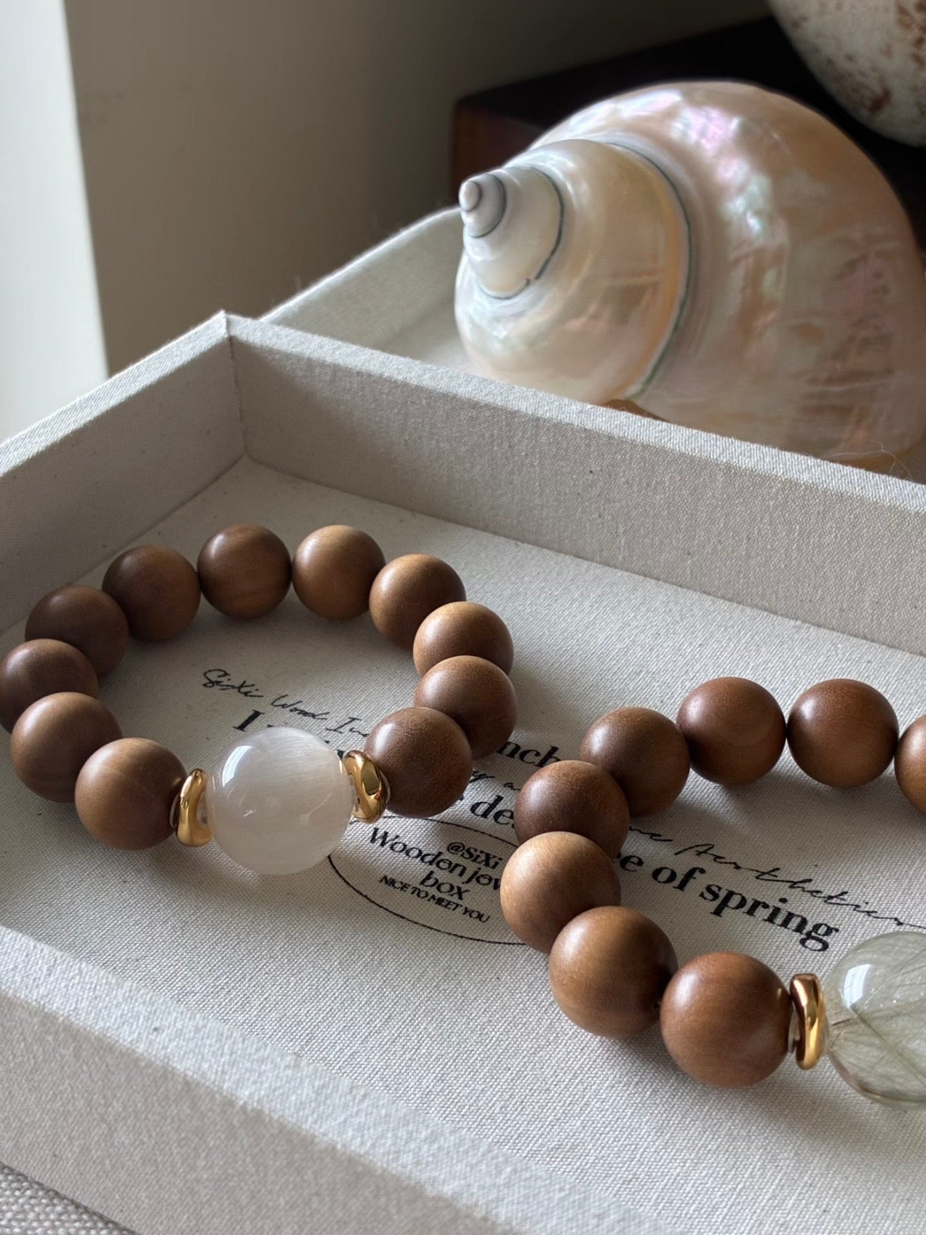 Mountain Rest · Sandalwood & Rabbit Hair Quartz Bracelet