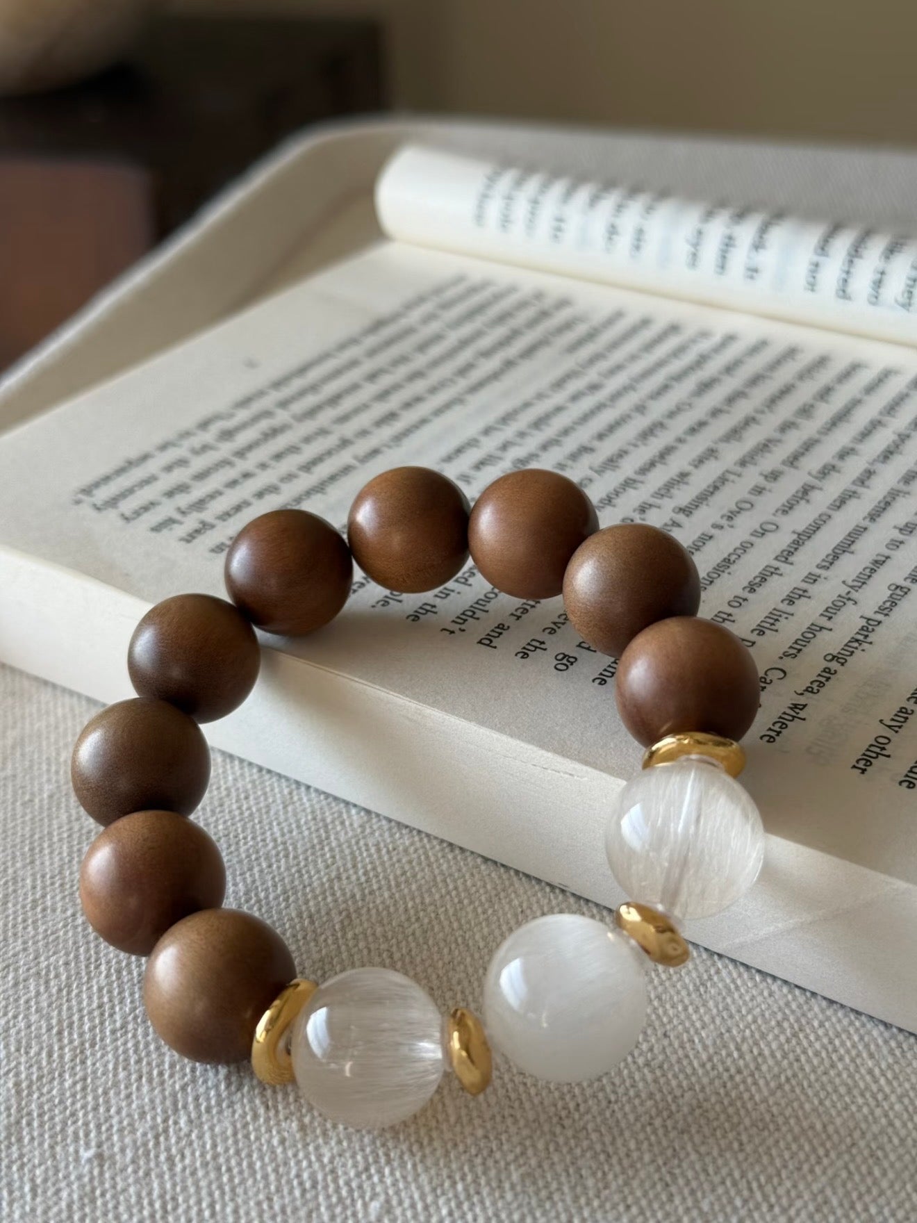 Mountain Rest · Sandalwood & Rabbit Hair Quartz Bracelet